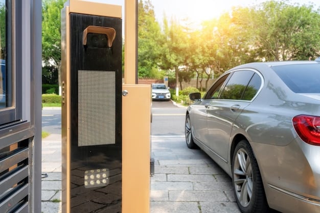 A public wireless charging station in an urban setting. An electric taxi is parked over the charging pad, seamlessly receiving power. The scene highlights the convenience of wireless charging in busy city environments.