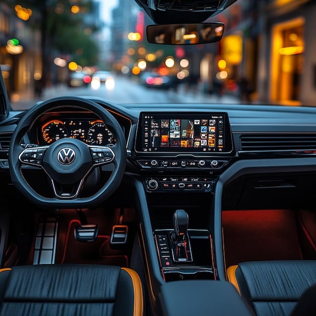 The interior of the 2025 Volkswagen Golf GTI, showcasing the updated dashboard design, touchscreen infotainment system, and sporty seats with red accents. The image emphasizes the blend of technology and comfort.