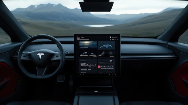 The interior of the 2025 Tesla Model 3, focusing on the redesigned dashboard and the central touchscreen display, highlighting the minimalist design and advanced technology.