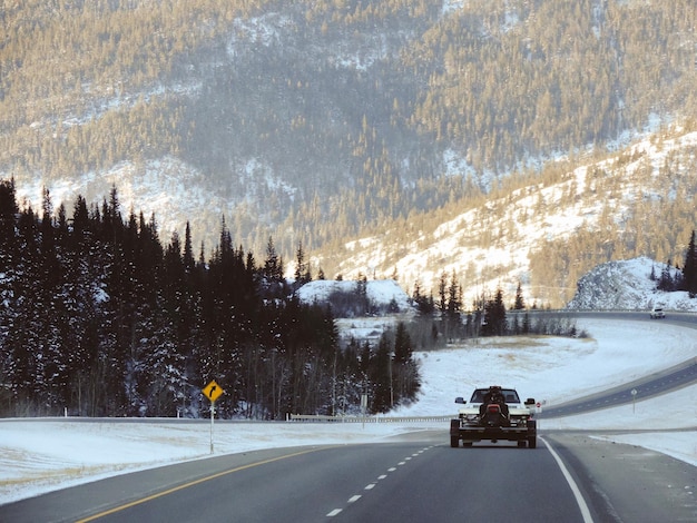 A 2025 Subaru Outback driving on a snowy road. The image should convey a sense of stability and control in adverse weather conditions, with snow-covered trees in the background.