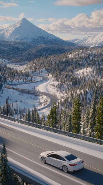 A 2025 Kia Telluride driving on a scenic highway, highlighting its smooth ride and handling capabilities. The surrounding landscape is mountainous. The car is white.