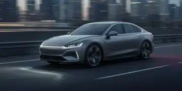 Futuristic 2025 sedan on highway, dynamic city backdrop