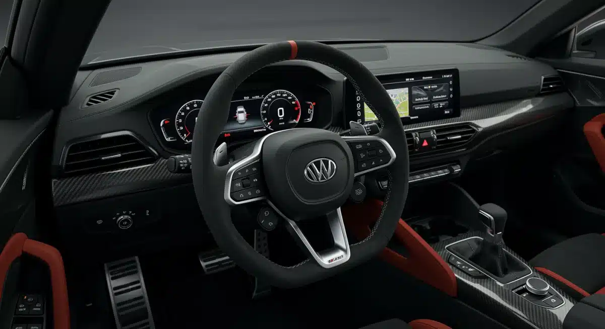 High-performance interior of a 2025 sport coupe with Alcantara steering wheel