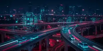 Futuristic autonomous cars on a highway with digital legal overlays, symbolizing evolving U.S. federal standards.