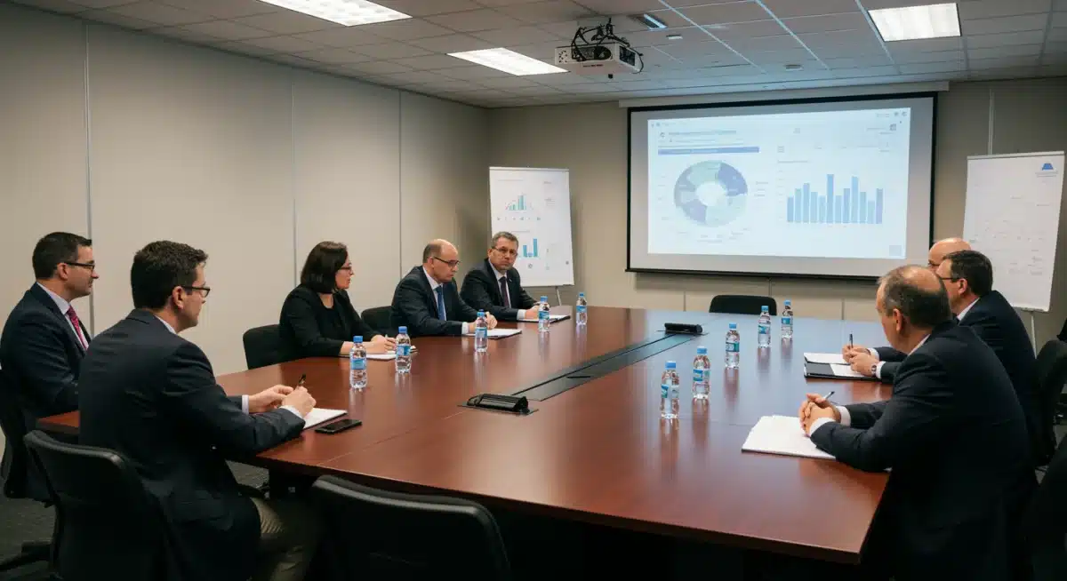 Industry leaders and government officials discussing autonomous vehicle regulations in a meeting.