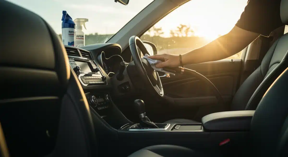 Person cleaning car interior, vacuuming seats and wiping dashboard