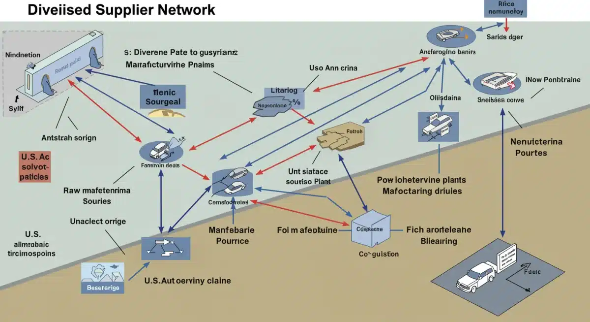 Diversified supplier network graphic showing multiple pathways for auto parts and finished vehicles to reach U.S. dealerships.
