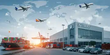 Global supply chain network converging on a U.S. auto dealership, symbolizing inventory challenges and technological solutions.