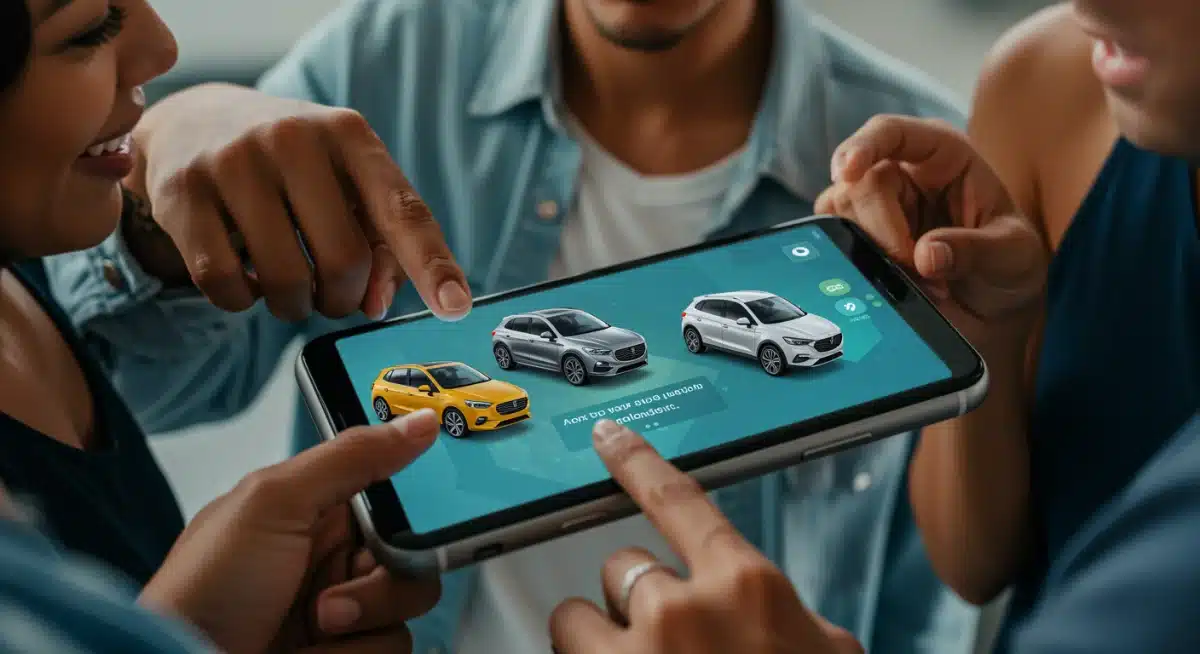 People using a car subscription app on a smartphone, showing diverse vehicle options and urban convenience