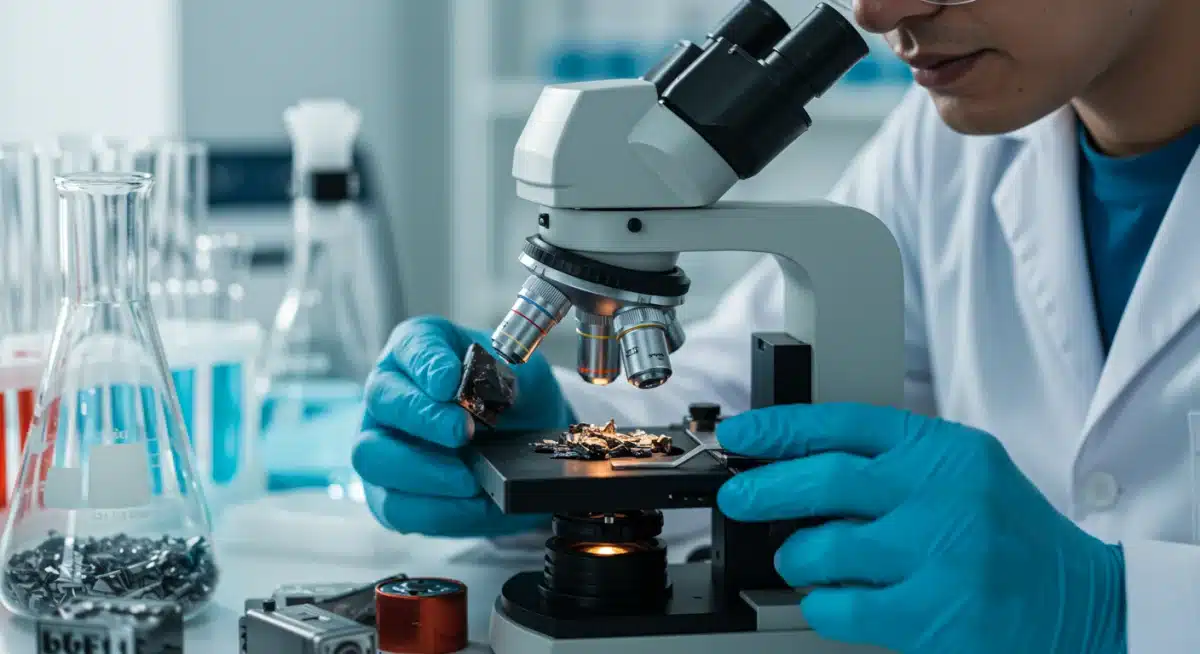 Scientist examining recycled battery materials under microscope in a lab