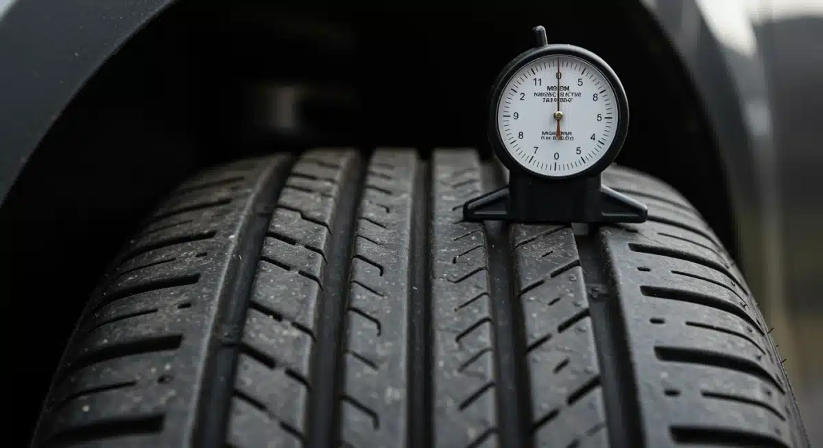 Checking tire tread depth during car inspection
