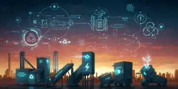 Futuristic US EV battery recycling facility with vibrant green energy symbols and modern electric vehicles