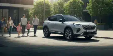 2025 compact SUV on city street, family approaching, urban backdrop