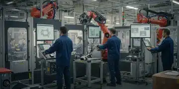 Modern automotive factory floor with diverse workforce and advanced robotics