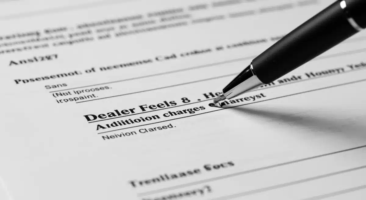 Close-up of car purchase agreement highlighting dealer fees