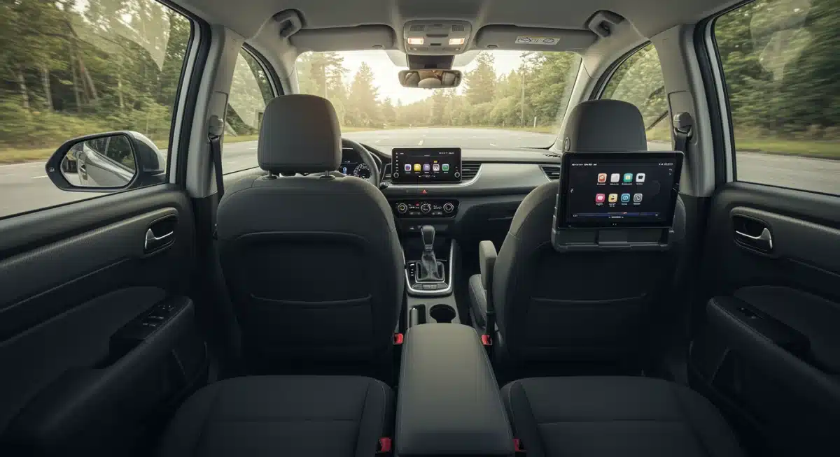 Spacious interior of 2025 compact SUV with child car seat and tablet