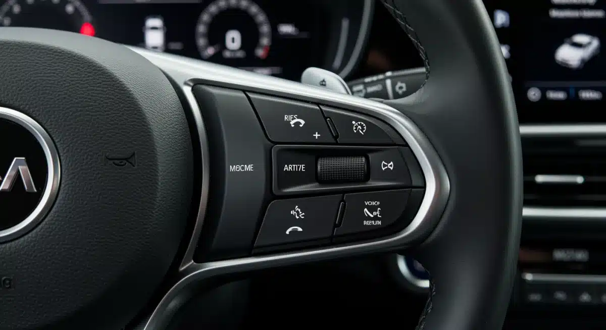 Close-up of a modern car steering wheel with driver-assist controls