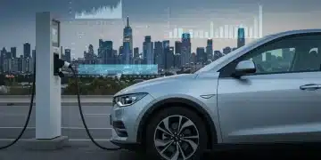 Electric vehicle charging at a station with a city backdrop, symbolizing new EPA regulations.