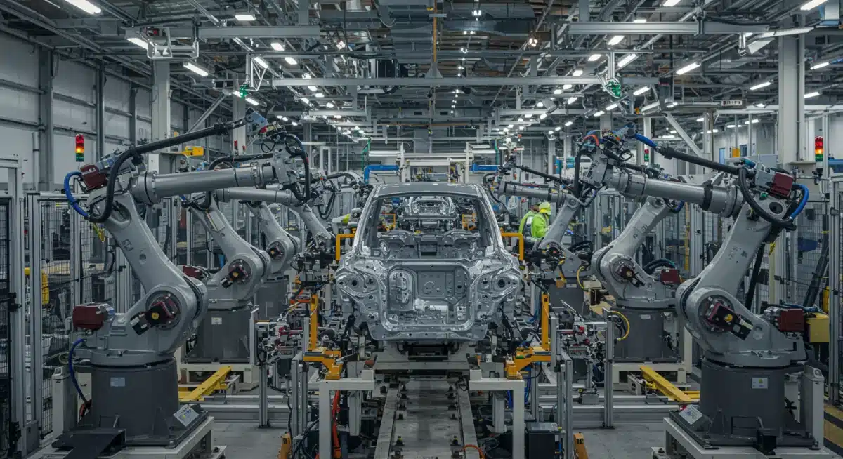 Robotic arms assembling electric vehicle components on a factory floor, representing manufacturing adaptation.