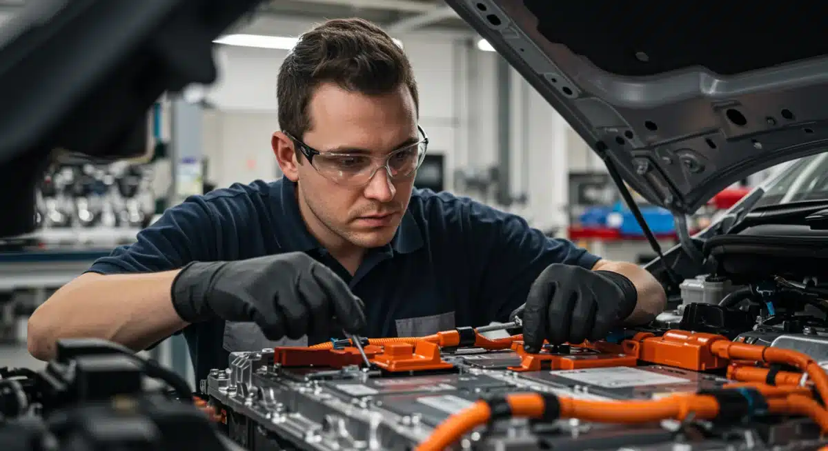 Automotive technician working on electric vehicle battery pack