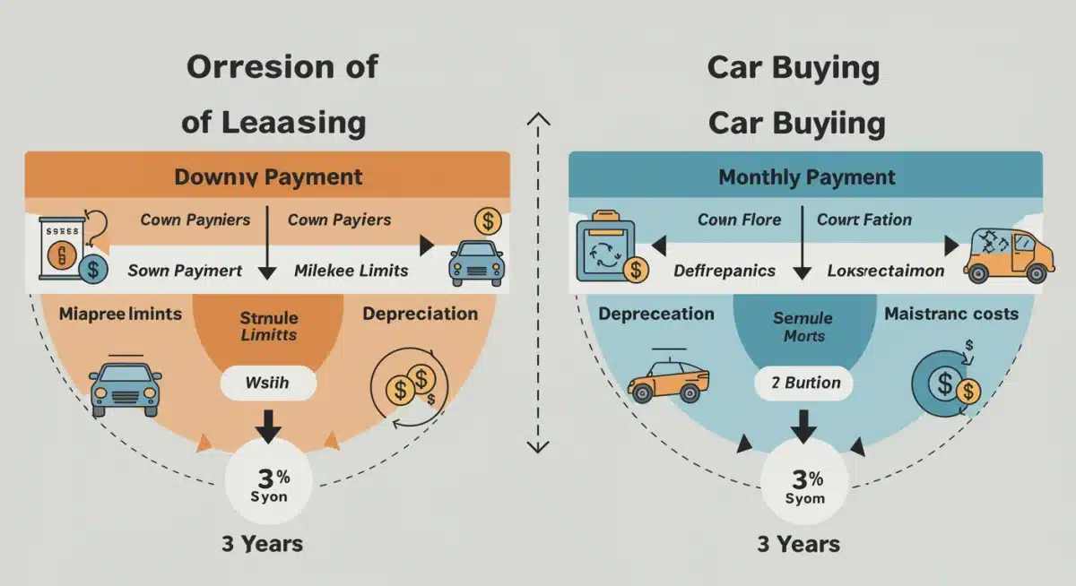 Infographic comparing financial aspects of car leasing versus buying over three years, including payments, depreciation, and associated costs.