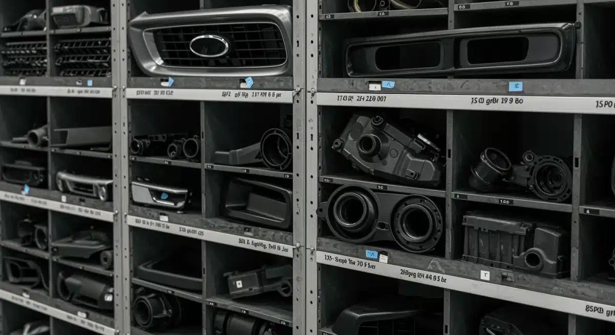 Close-up of automotive parts crafted from recycled plastics and metals, organized for vehicle assembly.