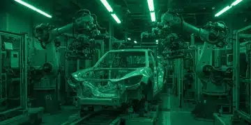 Robotic arms integrating recycled components into a car chassis on an assembly line, symbolizing sustainable auto manufacturing.