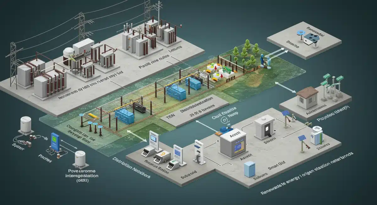 Smart grid diagram showing interconnected energy infrastructure and EV charging.