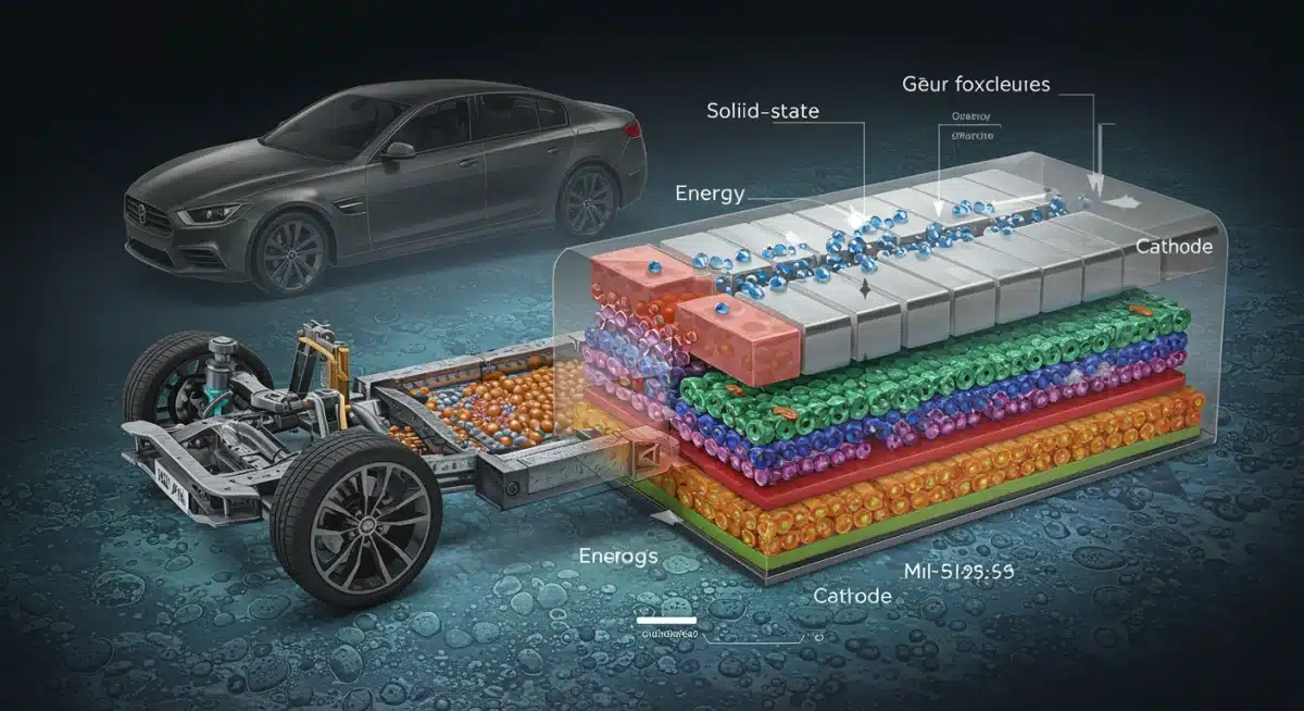 Internal structure of a solid-state battery illustrating solid electrolyte and energy flow