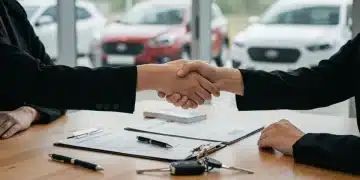 Successful car negotiation, handshake over car keys at dealership
