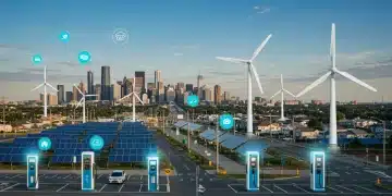 Modernized US power grid with smart technology, renewable energy, and electric vehicles.