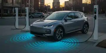 Electric vehicle wirelessly charging on an inductive pad in a modern US city