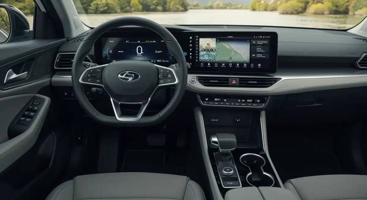 High-tech interior of a 2026 electric sedan with a large touchscreen and luxurious finishes.
