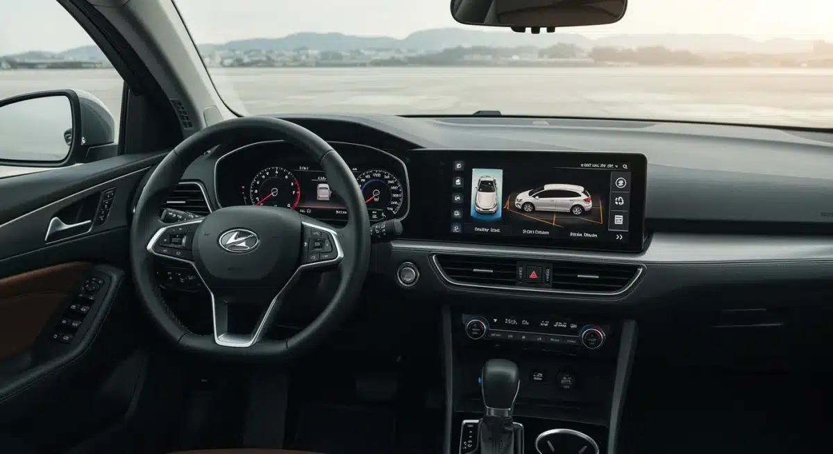 Interior of 2026 family sedan with advanced driver assistance system displays.