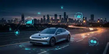 Futuristic autonomous electric vehicle on a smart highway at dusk