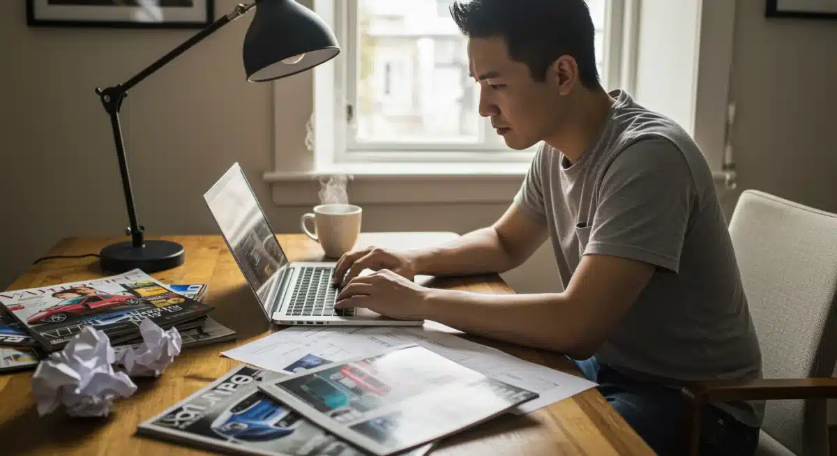 Individual conducting diligent online research for a new car, surrounded by automotive resources, emphasizing the importance of preparation.
