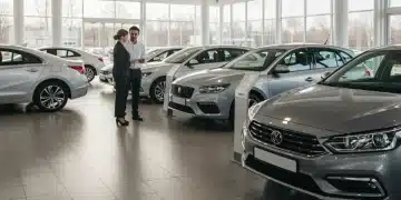 Couple discussing car purchase with salesperson in a modern dealership showroom