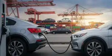 Electric vehicle charging at port, symbolizing 2026 emissions standards impact on auto imports.