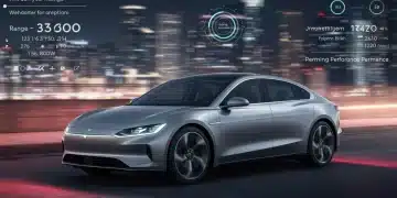Futuristic electric sedan driving through a city at night, symbolizing advanced EV technology and urban mobility.