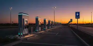 High-speed EV charging station with multiple bays at sunset, indicating a robust new infrastructure.
