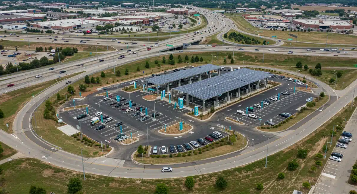 Aerial view of a major highway with a large EV charging hub, emphasizing strategic infrastructure placement.