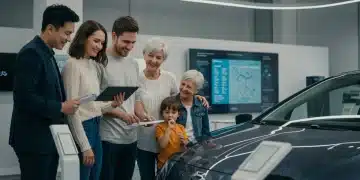 Diverse buyers reviewing a digital checklist next to a modern electric car in a 2026 dealership, symbolizing smart car purchases.