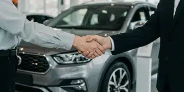 Successful car price negotiation handshake in modern dealership