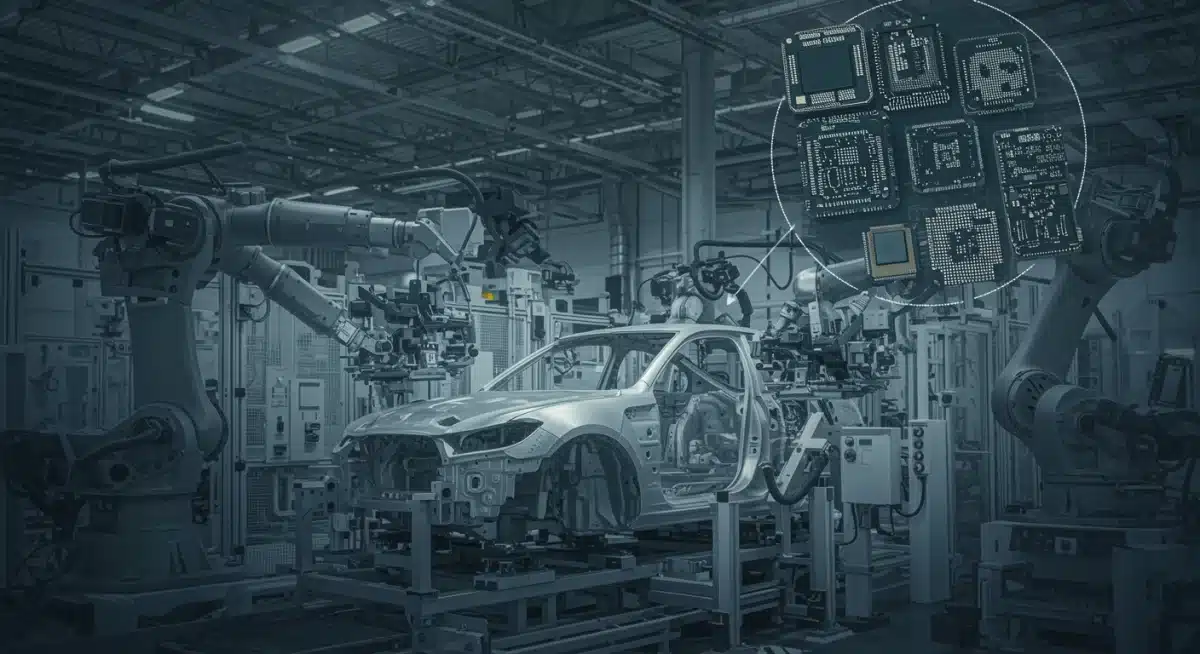 Robotic assembly line with magnified semiconductor chips, showing auto manufacturing reliance