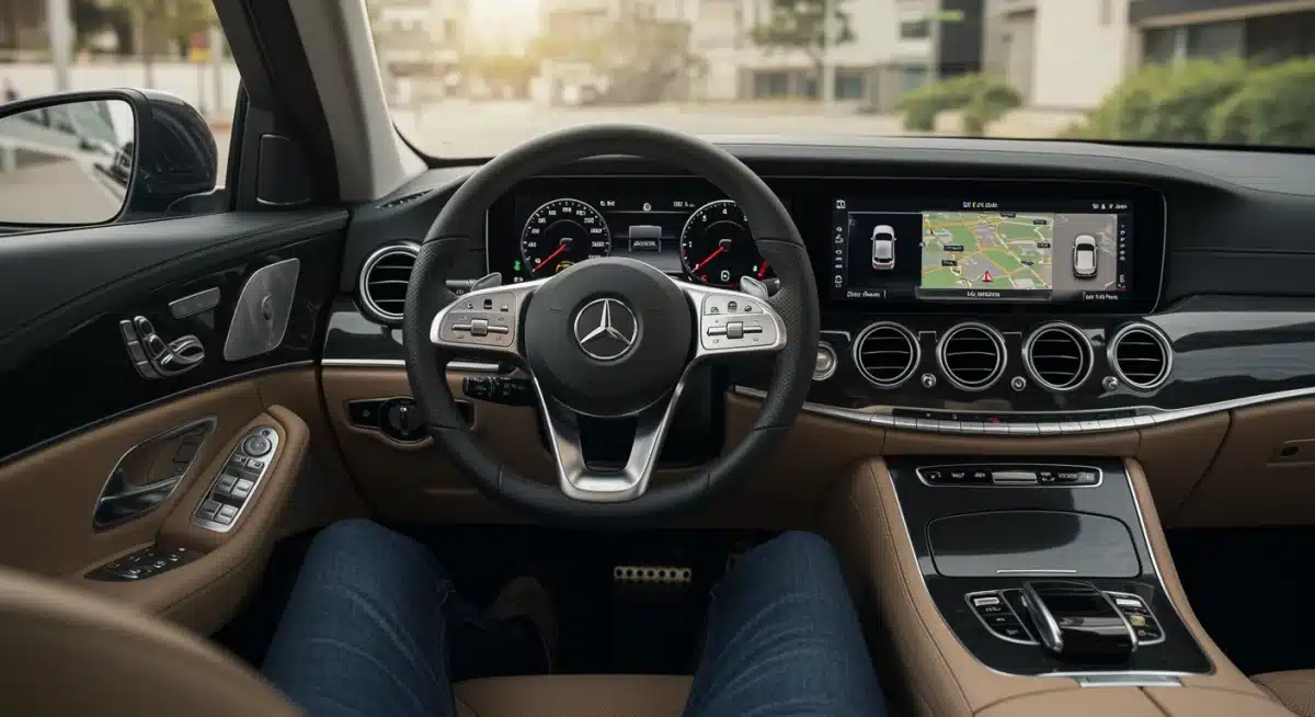 Driver's cockpit of a 2026 autonomous vehicle, highlighting advanced digital controls and relaxed driving experience.