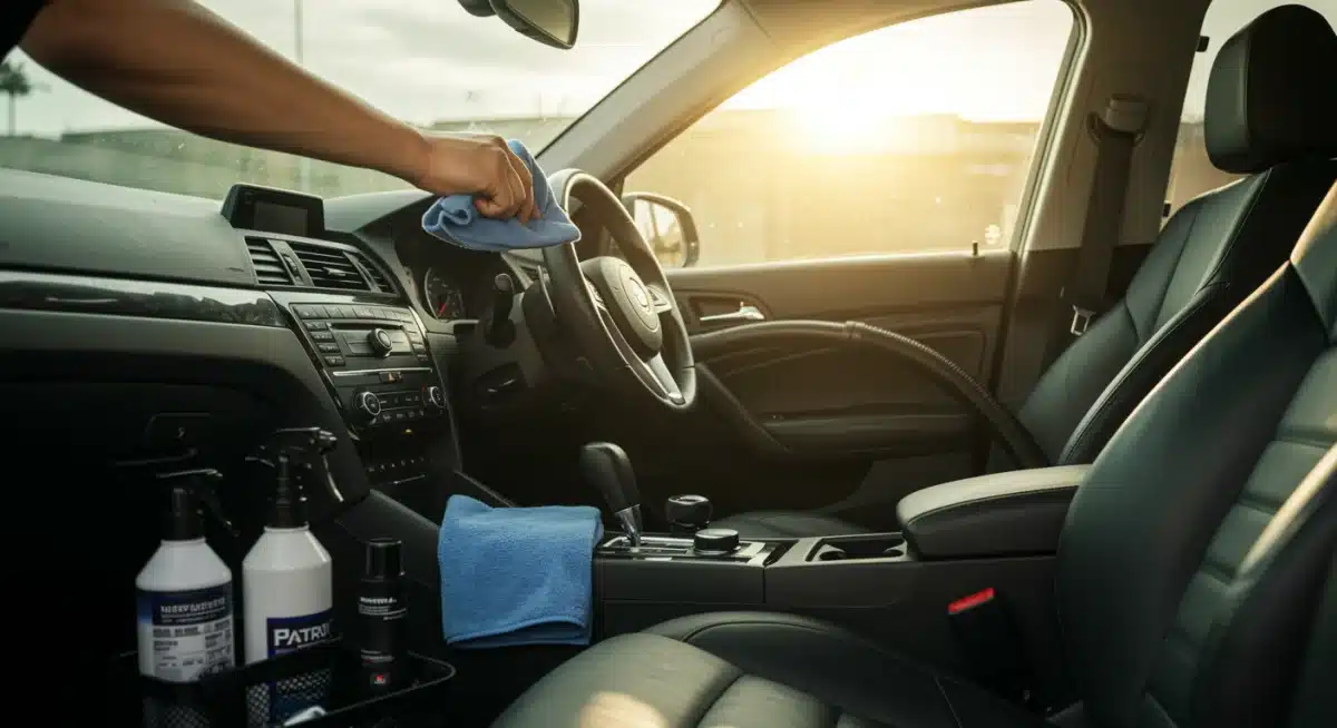 Person cleaning car interior, detailing for better trade-in value.