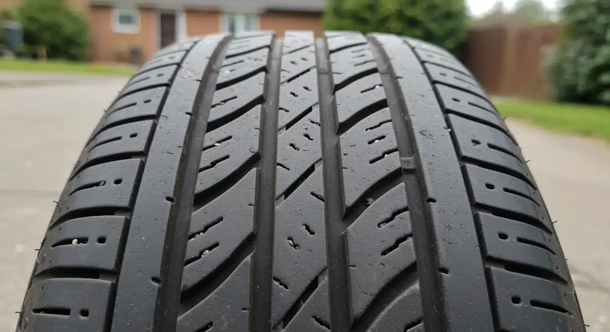 Compact car tire tread wear after 10,000 miles, indicating good durability