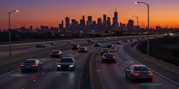 Futuristic cars driving autonomously on a highway at dusk, showcasing advanced 2026 autonomous driving features.