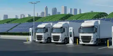 Futuristic commercial electric truck fleet charging at a modern station