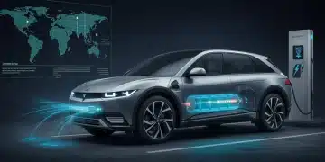 Futuristic electric car with solid-state battery technology charging, extended range display.